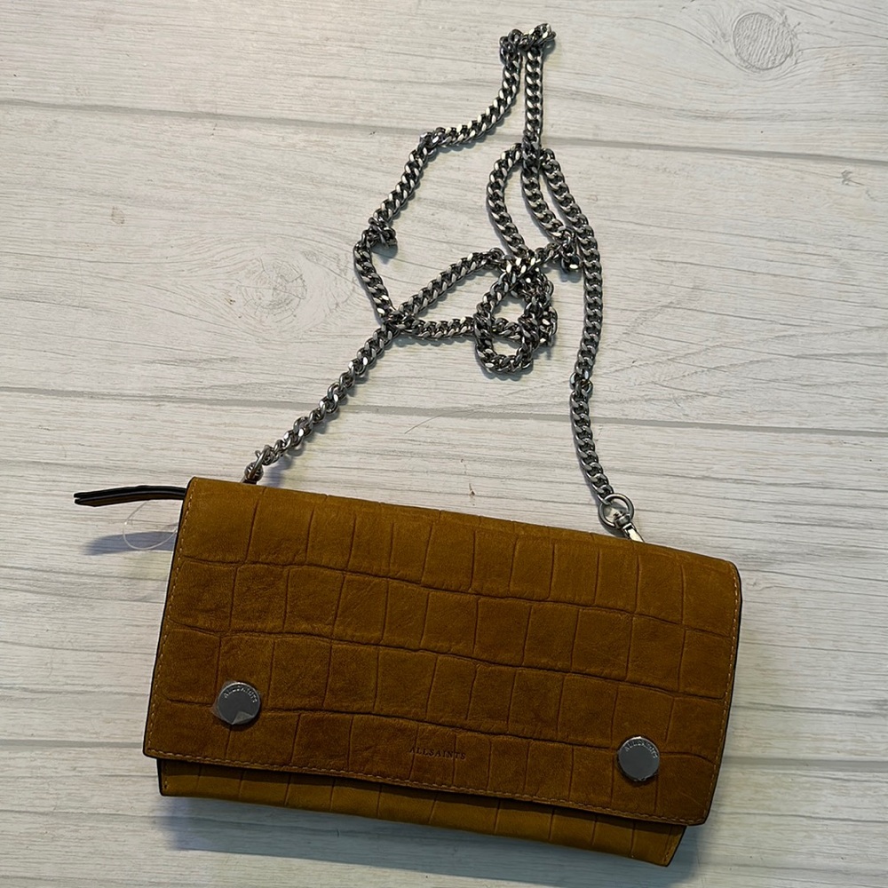 Allsaints Albert wallet on chain in camel tan crocodile